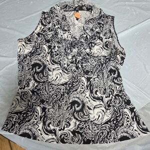 Ruffled Neck Black & White Paisley Sleeveless Camisole